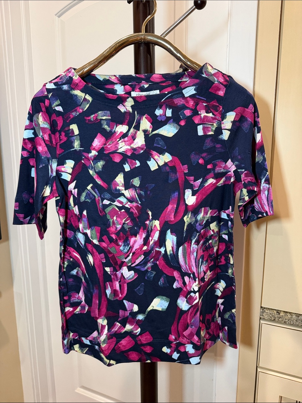 Chico's Navy Floral Brushstroke Short-Sleeve Top with Pink Accents